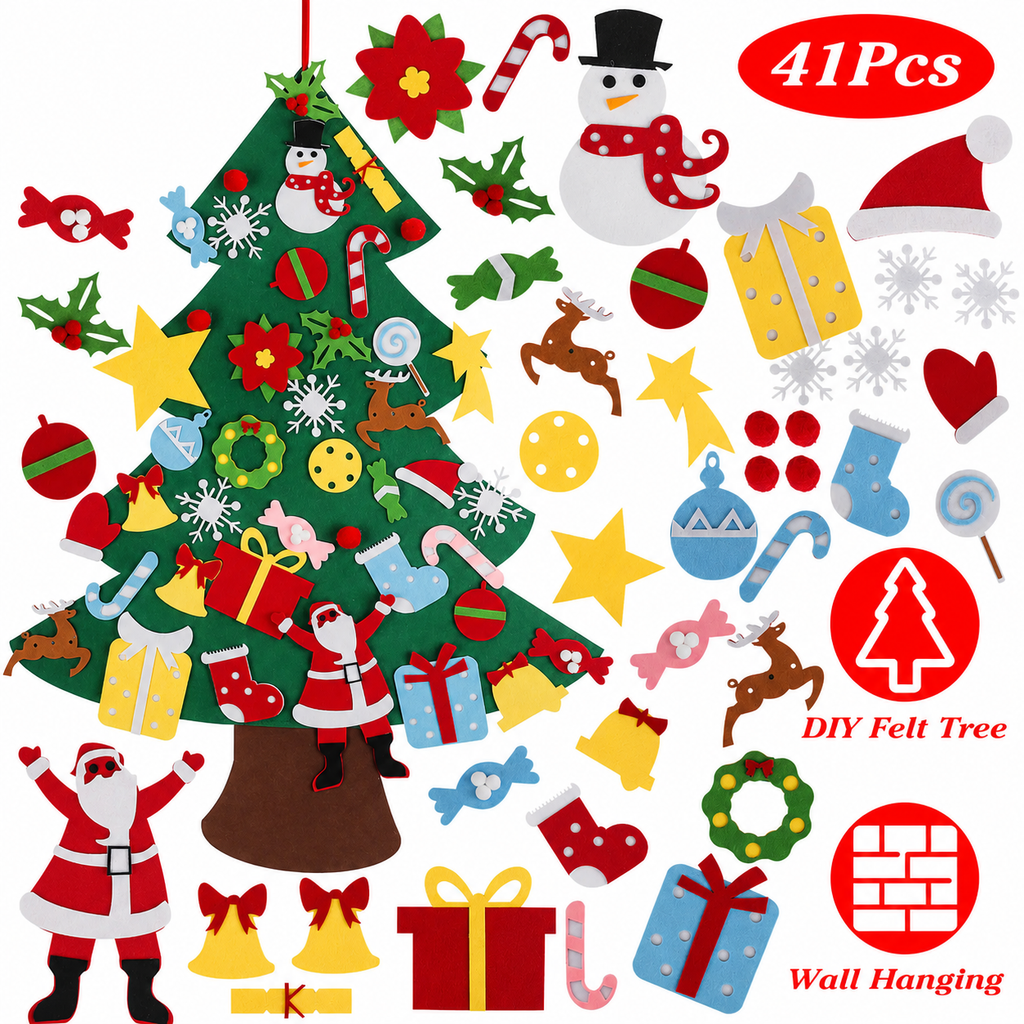 Felt Christmas Tree with 41Pcs Detachable Ornaments For Kids/ Interactive Holiday Wall Décor for Kids