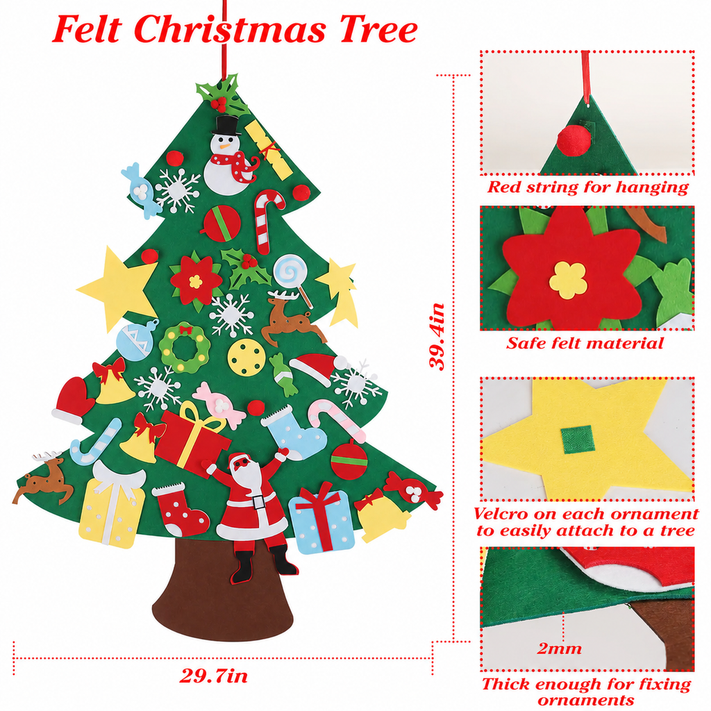 Felt Christmas Tree with 41Pcs Detachable Ornaments For Kids/ Interactive Holiday Wall Décor for Kids