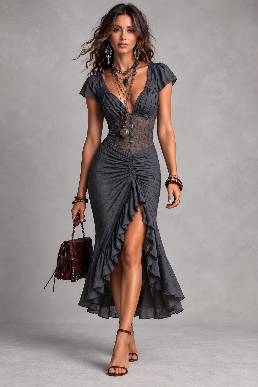 Women’s Vintage Ruched V-Neck Slit Midi Dress