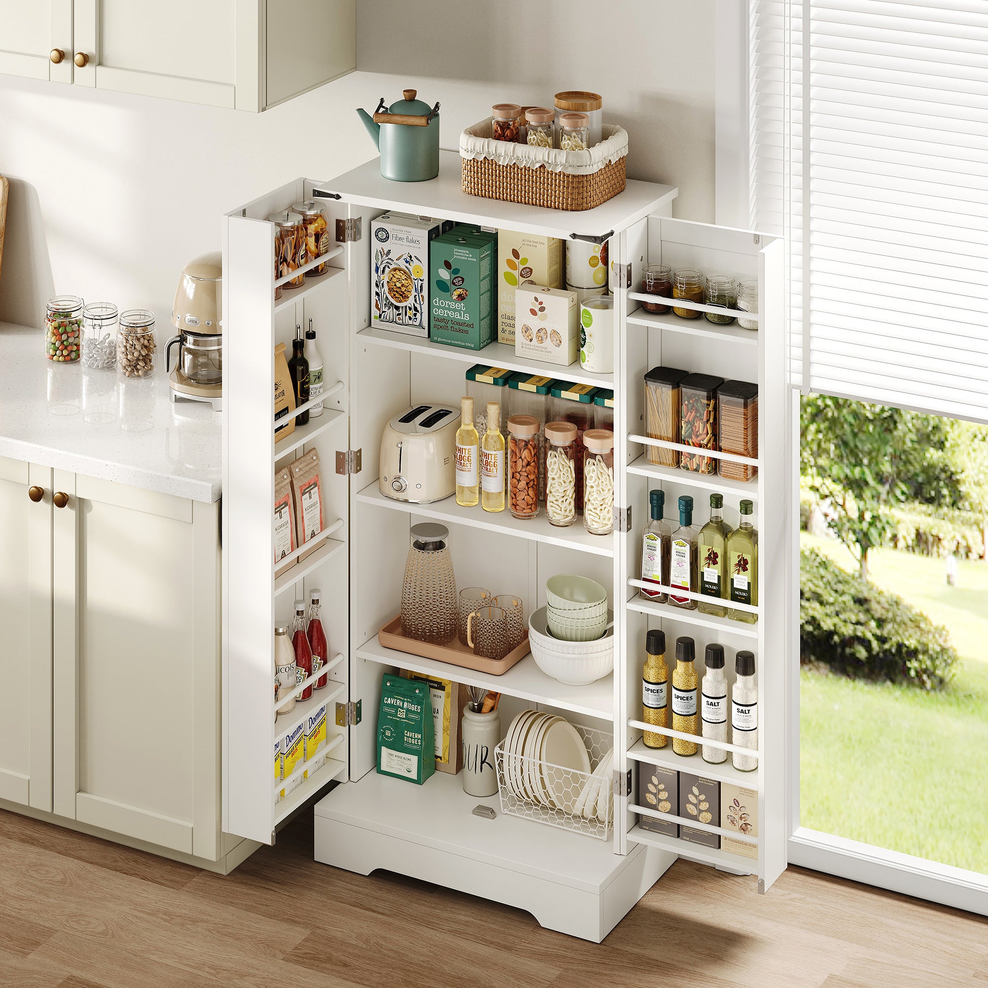 Farmhouse Kitchen Pantry Cabinet with LED Lighting
