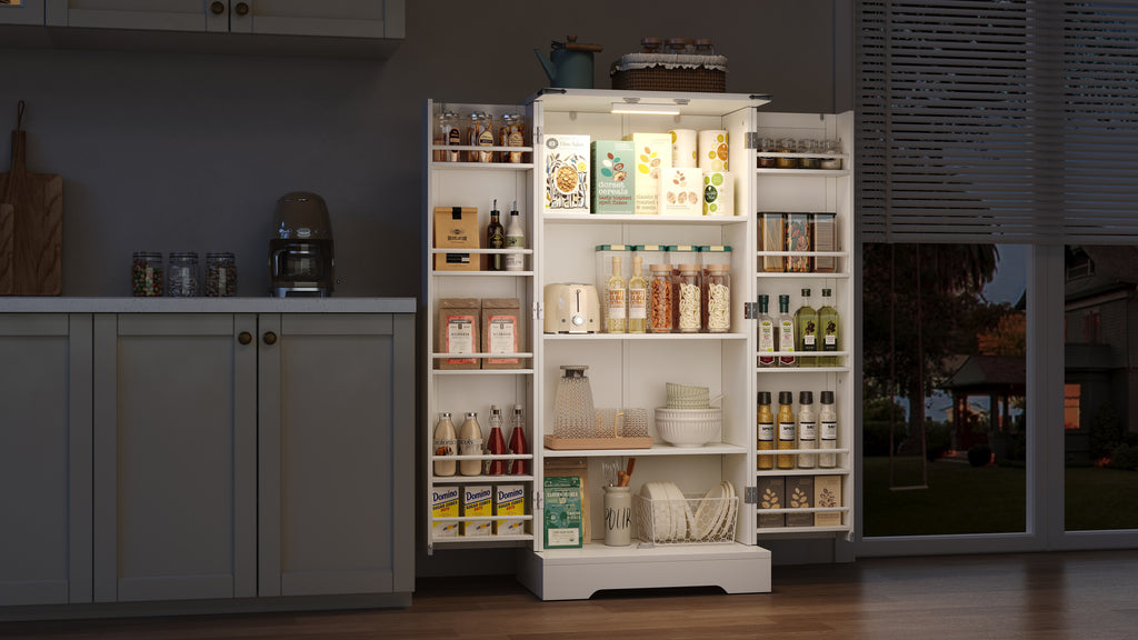 Farmhouse Kitchen Pantry Cabinet with LED Lighting