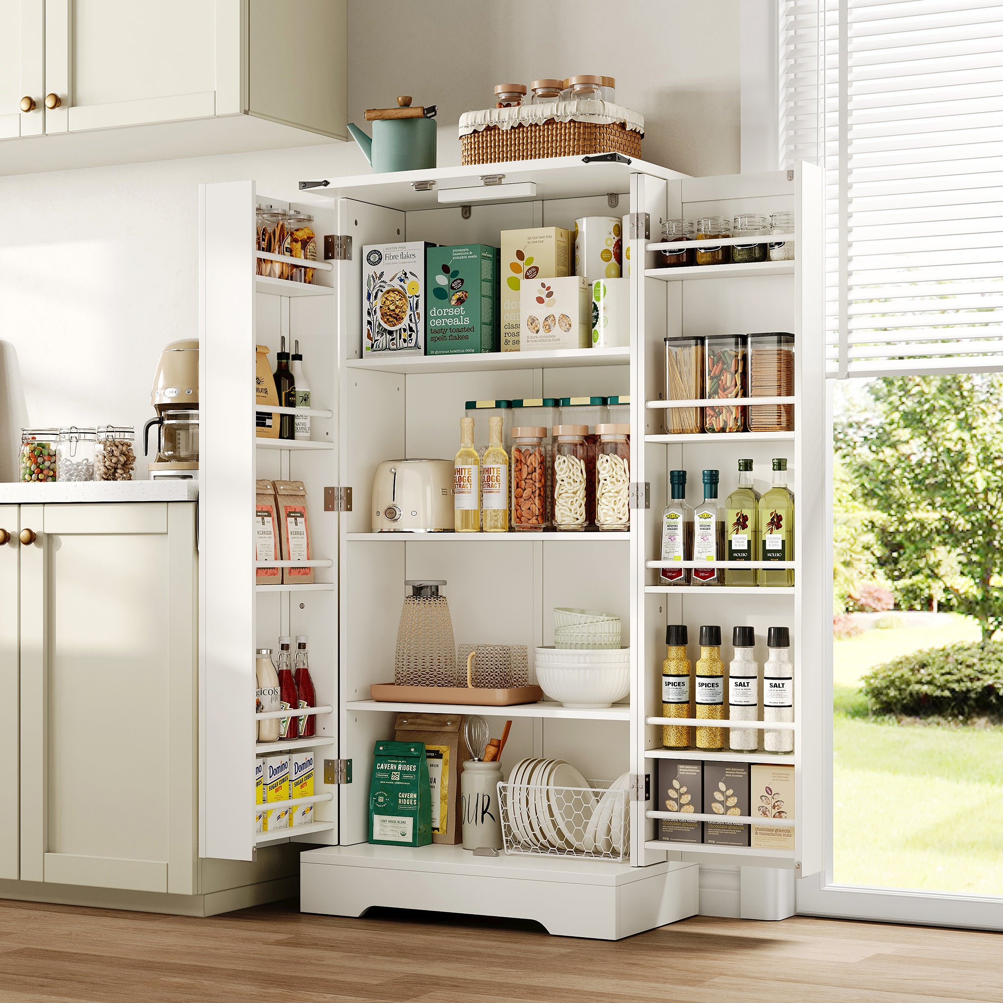Farmhouse Kitchen Pantry Cabinet with LED Lighting