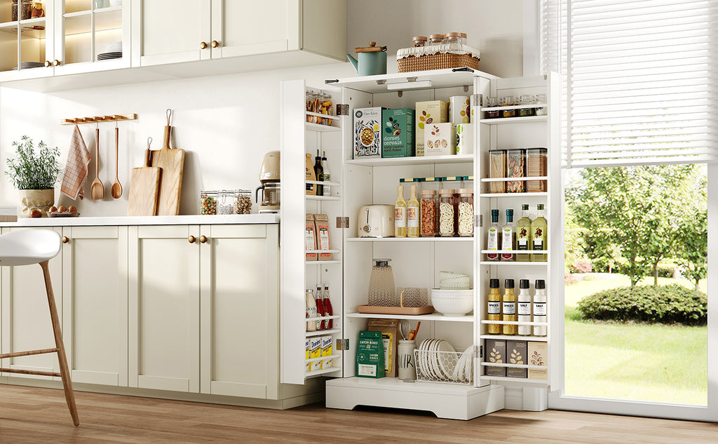 Farmhouse Kitchen Pantry Cabinet with LED Lighting