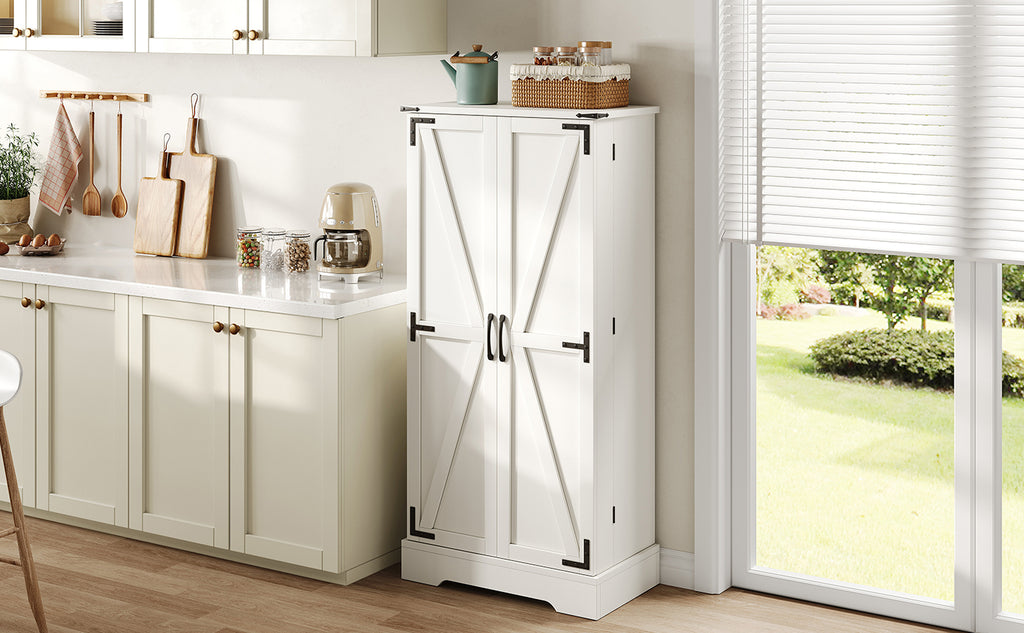 Farmhouse Kitchen Pantry Cabinet with LED Lighting