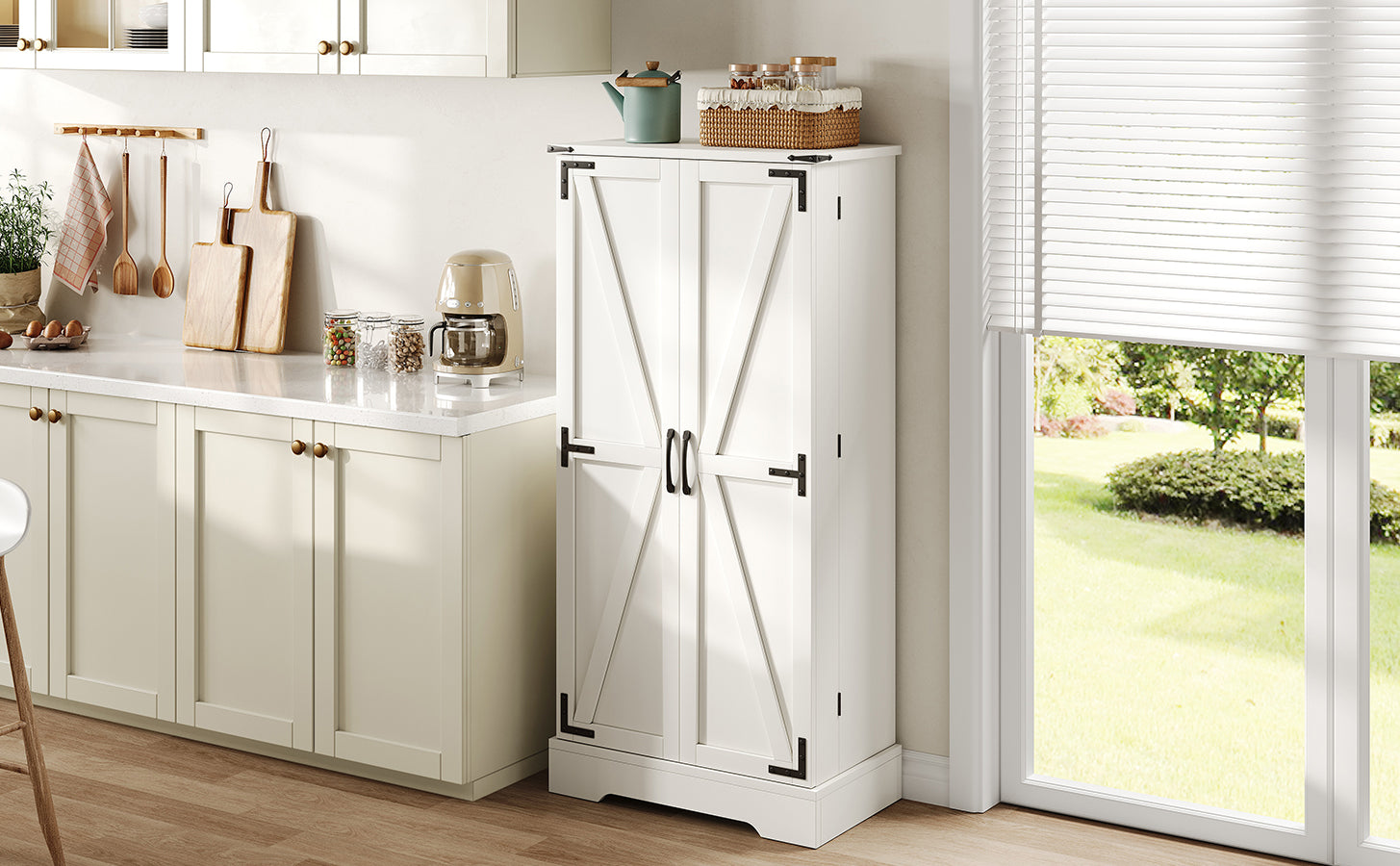 Farmhouse Kitchen Pantry Cabinet with LED Lighting
