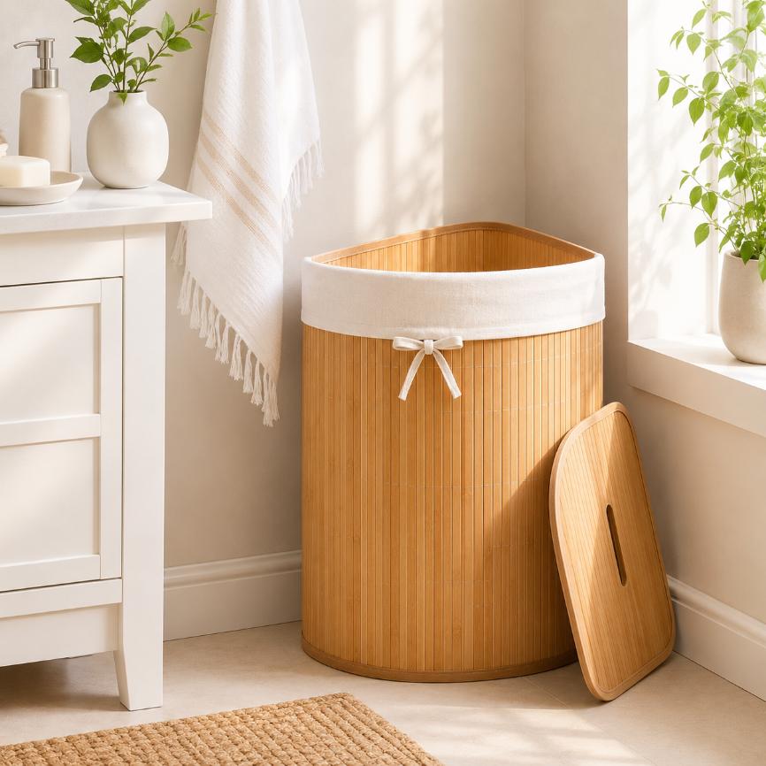 Corner Bamboo Laundry Hamper with Lid & Removable Liner