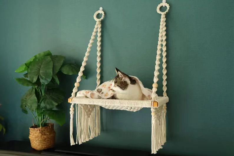 Boho White Hanging Cotton Rope Pet Hammock Bed