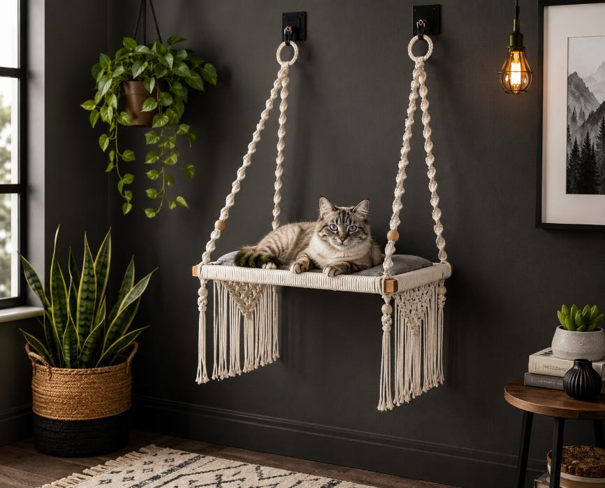 Boho White Hanging Cotton Rope Pet Hammock Bed
