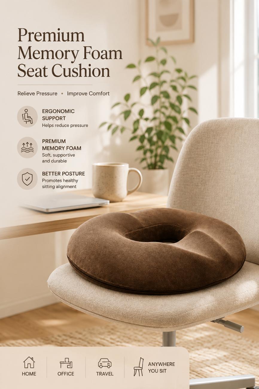 Ergonomic Memory Foam Seat Cushion | Tailbone & Back Support for Office, Car & Home
