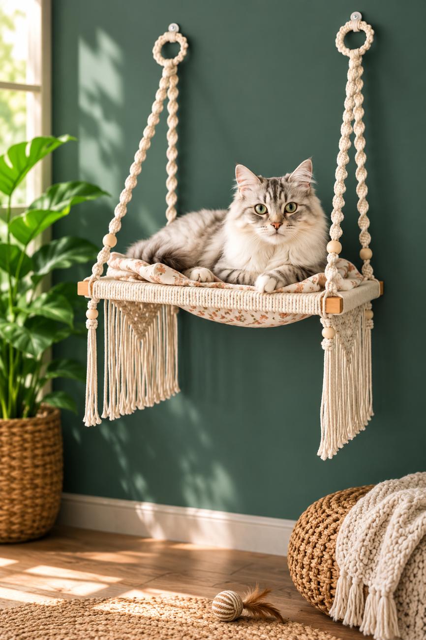 Boho White Hanging Cotton Rope Pet Hammock Bed