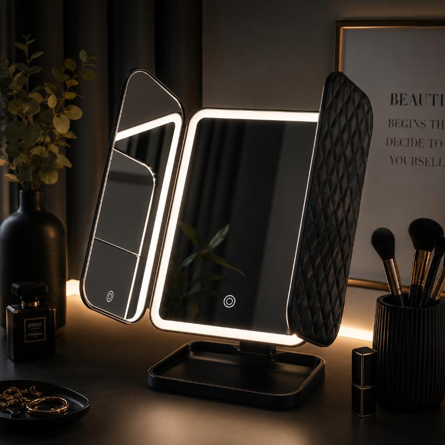 3-Fold LED Vanity Makeup Mirror with Touch Light & Adjustable Desk Lamp