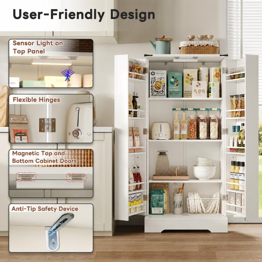 Farmhouse Kitchen Pantry Cabinet with LED Lighting