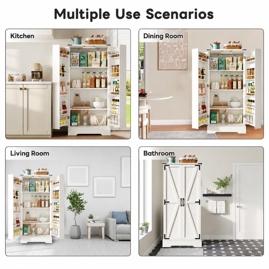 Farmhouse Kitchen Pantry Cabinet with LED Lighting