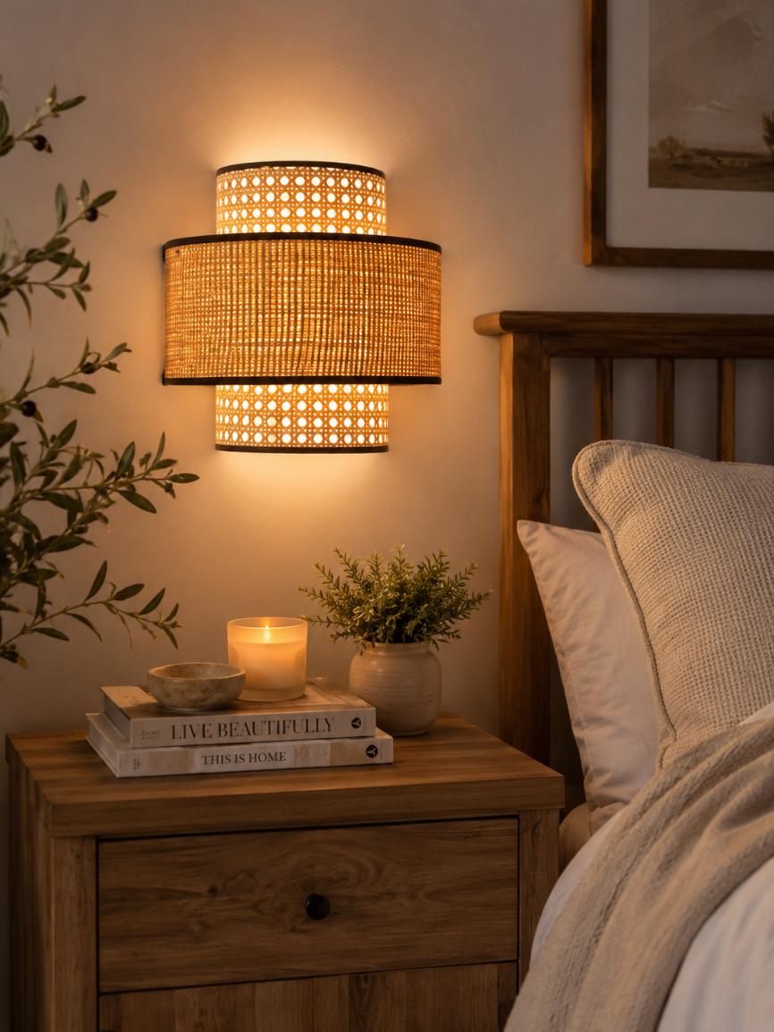 Retro Rattan Wall Sconce | Modern Woven Bedside Light
