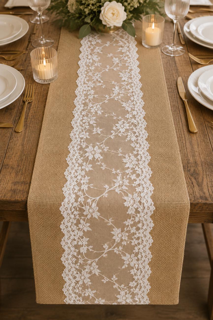 Rustic Burlap Lace Table Runner | Farmhouse Wedding Table Decor | Boho Lace Runner for Reception, Bridal Shower & Events