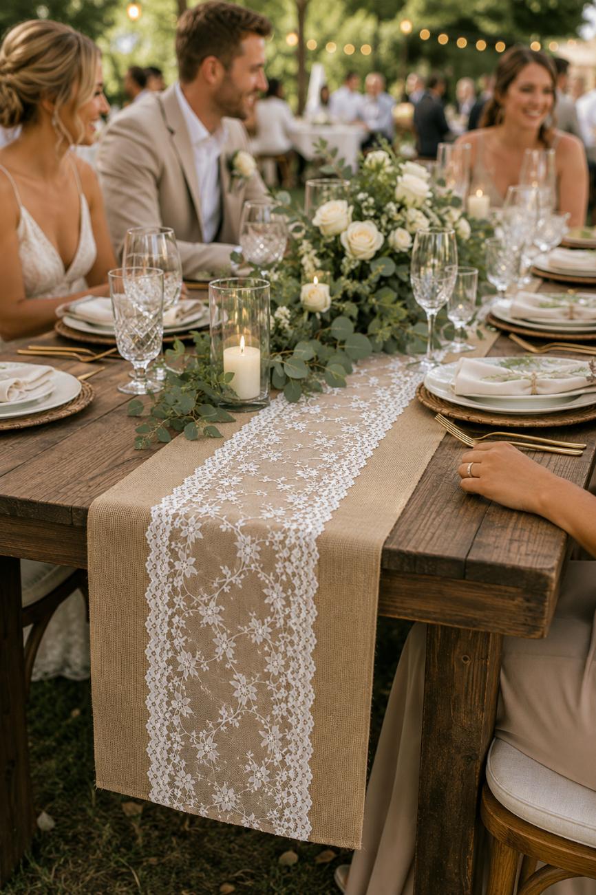Rustic Burlap Lace Table Runner | Farmhouse Wedding Table Decor | Boho Lace Runner for Reception, Bridal Shower & Events
